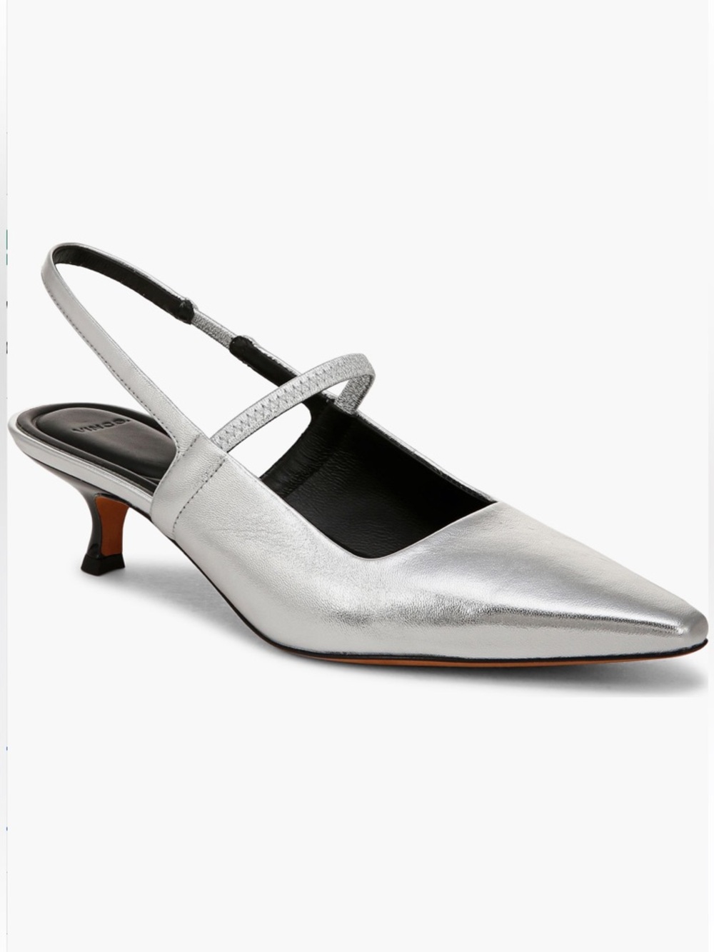 NEW 💝 Vince Silver Pointed Toe Slingback Kitten Heel Leather Pumps